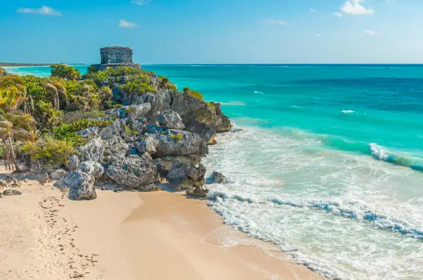 The beautiful beach and Mayan God of Winds temple along the Caribbean Sea, Quintana Roo State, Yucatan Peninsula, Mexico.