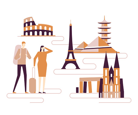 Travel around the world - colorful flat design style illustration. A composition with tourists, couple with baggage, landmarks, Eiffel tower, Colosseum, pagoda, pyramids, Cologne Cathedral, Stonehenge
