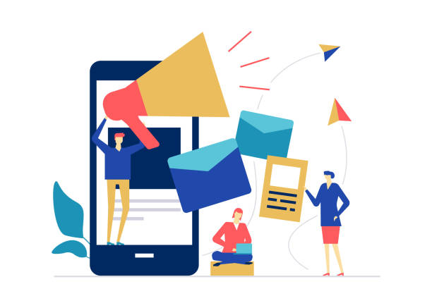Digital marketing - flat design style colorful illustration Digital marketing - flat design style colorful illustration on white background. High quality composition with male, female colleagues, business team, megaphone, smartphone, emails, paper planes communication communication technology stock illustrations