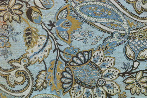 Background with Cashmir motif blue green and ochre stock photo