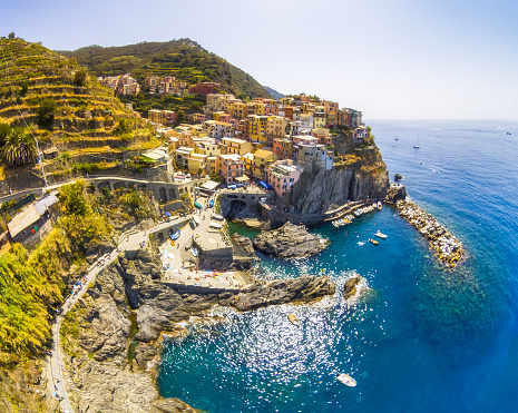 Aerial point of view of Manarola in Cinque Terre National Park, Liguria. Italy