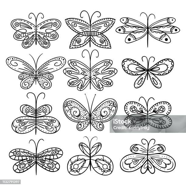 Twelve Hand Drawn Butterflies Appropriate For Coloring Book Hand Drawn Decorative Butterflies Black And Whitevector Illustration Stock Illustration - Download Image Now