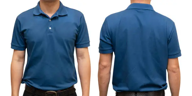 Blue blank polo t-shirt on human body for graphic design mock up