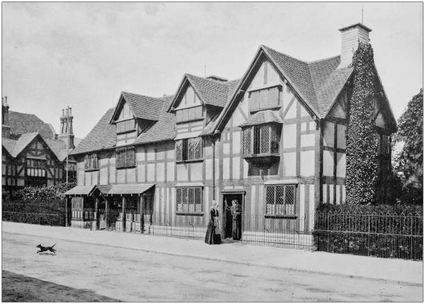 イングランドとウェールズのアンティーク白黒写真: シェイクスピアの家、ストラトフォードのストラットフォード - stratford upon avon william shakespeare england house点のイラスト素材／クリップアート素材／マンガ素材／アイコン素材