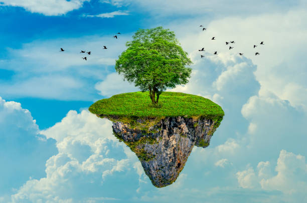 istock The island floats in the sky with 1 tree on the island. 3D 1132793504