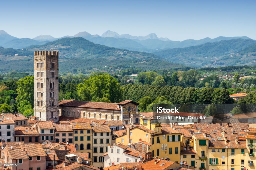 Aerial view of Lucca with San Frediano Basilica, Tuscany. Italy Aerial view of Lucca village in Tuscany. Italy Lucca Stock Photo