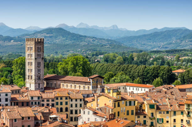 vista aérea de lucca com a basílica de san frediano, toscânia. itália - urban scene aerial view building feature clear sky - fotografias e filmes do acervo