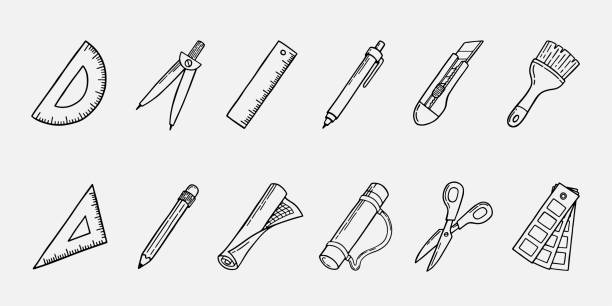 아키텍처 도구 아이콘 - drawing compass architecture work tool engineering stock illustrations