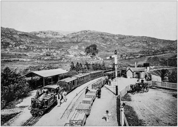 illustrations, cliparts, dessins animés et icônes de photographie noir et blanc antique de l'angleterre et du wales: chemin de fer de festiniog, station de tan y bwlch - gwynedd