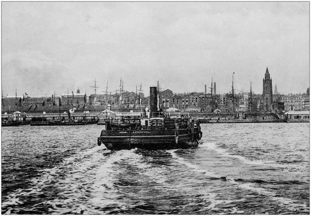 Antique black and white photograph of England and Wales: Liverpool Antique black and white photograph of England and Wales: Liverpool river mersey northwest england stock illustrations