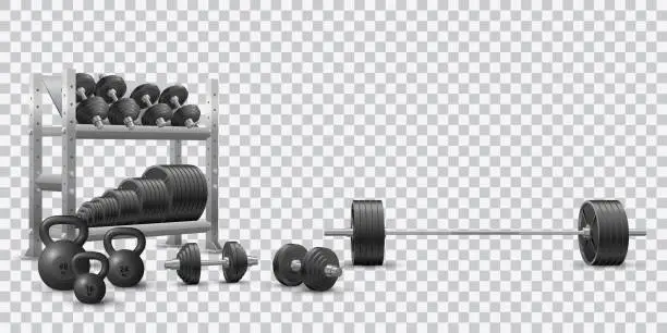 Vector illustration of Beautiful realistic fitness vector of an  barbell, black loadable dumbbels, a set of kettlebells and a storage shelf full of black weight barbell plates on transparent background.