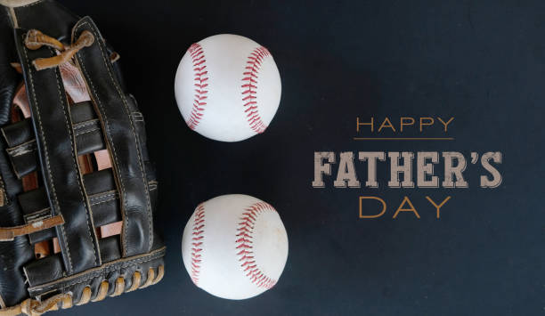Happy Father's Day text with baseball glove and ball.