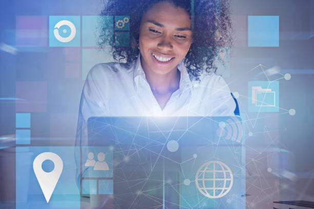 istock Smiling woman with laptop, business interface 1132796736