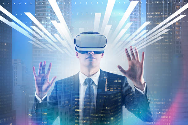 istock Man in vr glasses in city, interface 1132797816