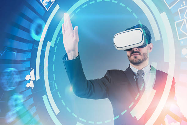 istock Businessman in vr glasses, hud interface 1132798276