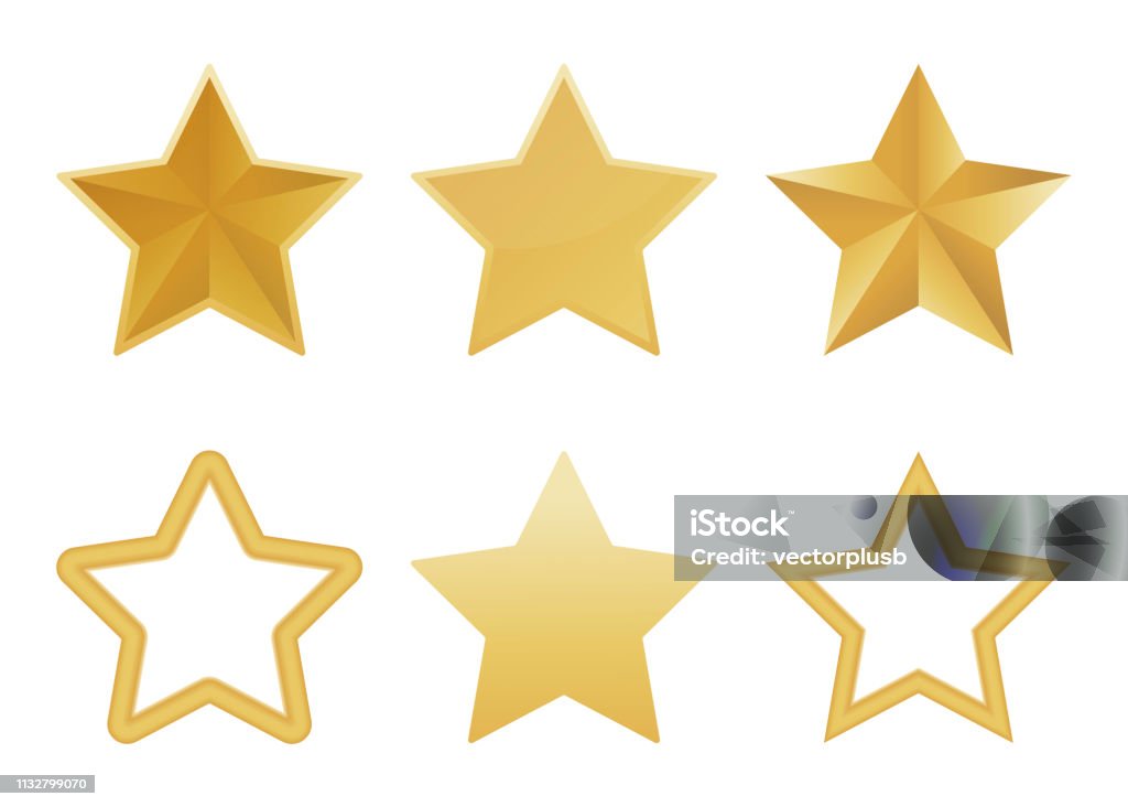Set vettoriale di realistica stella 3D dorata isolata su sfondo bianco. Icona delle stelle natalizie lucide. Illustrazione vettoriale. - arte vettoriale royalty-free di Stella