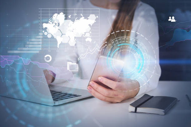 istock Woman hand with phone, infographics hud 1132799511