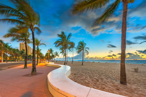 フロリダ州フォートローダーデール日の出のビーチとライフガードタワー - fort lauderdale florida beach lifeguard ストックフォトと画像