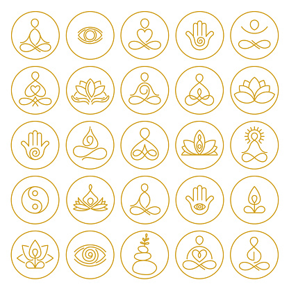 Yoga and Meditation Icons in hand drawn outline style