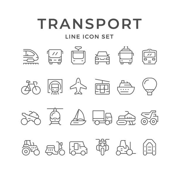 ilustrações de stock, clip art, desenhos animados e ícones de set line icons of transport - train people cable car transportation