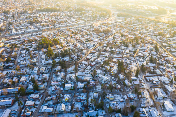 istock Flying over villa area, winter day, top view 1132804973