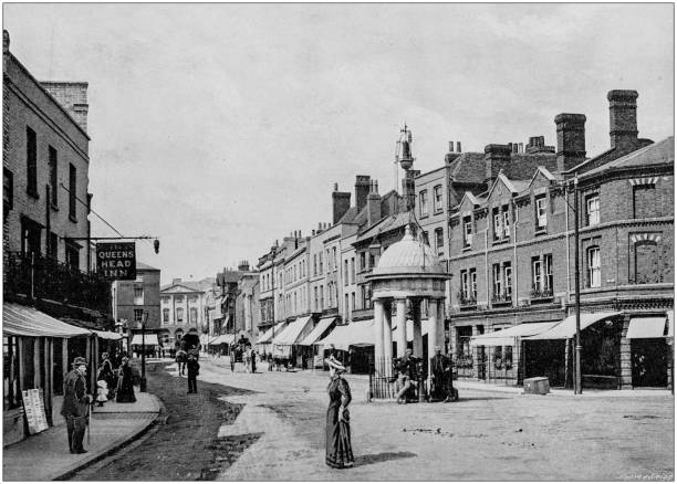 Antique black and white photograph of England and Wales: Chelmsford, High Street Antique black and white photograph of England and Wales: Chelmsford, High Street essex england photos stock illustrations
