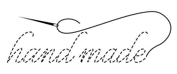 illustrations, cliparts, dessins animés et icônes de silhouette des mots fait main avec contour interrompu. illustration de vecteur avec le fil et l'aiguille de broderie - sewing embroidery thread needle