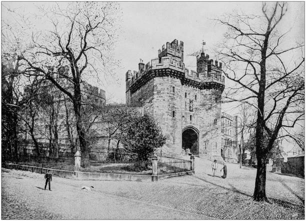 Antique black and white photograph of England and Wales: Lancaster, John of Gaunt's tower Antique black and white photograph of England and Wales: Lancaster, John of Gaunt's tower lancaster lancashire stock illustrations