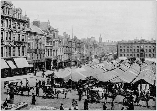Antique black and white photograph of England and Wales: Nottingham market square Antique black and white photograph of England and Wales: Nottingham market square nottingham stock illustrations