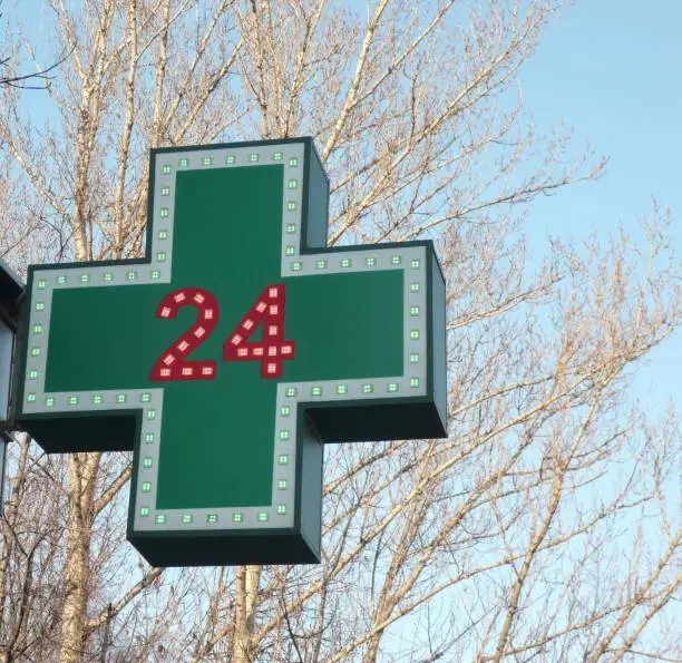 Photo of medical twenty-four-hour drugstore signboard