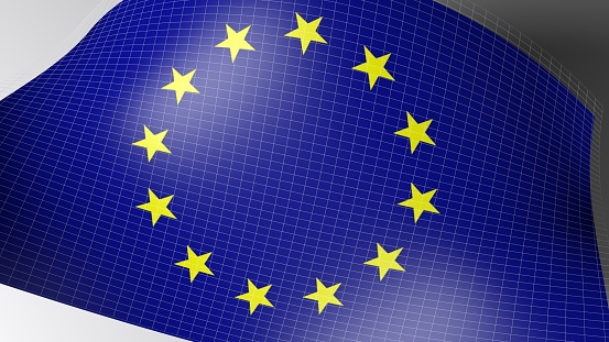 A background with a waving european flag and a thin white grid over it - 3D rendering illustration