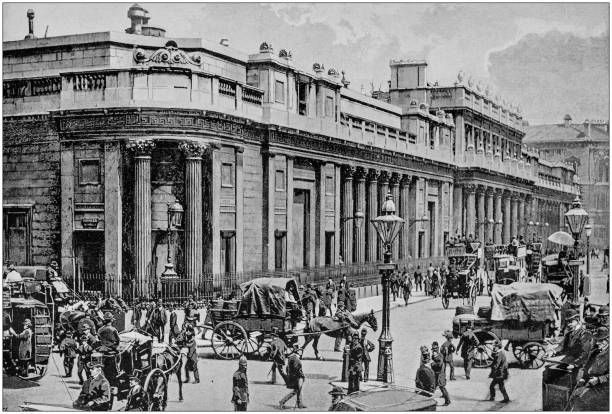 ilustrações de stock, clip art, desenhos animados e ícones de antique black and white photograph of england and wales: bank of england, london - riverbank