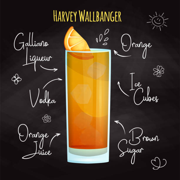 prosty przepis na koktajl alkoholowy harvey wallbanger. rysowanie kredy na tablicy. - orange visualization built structure cube stock illustrations