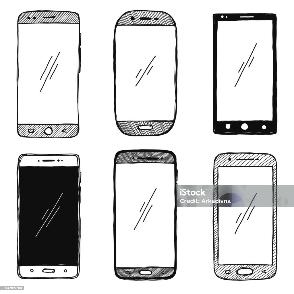 Schizzo di smartphone. Il set di telefoni è isolato su uno sfondo bianco. Illustrazione vettoriale. - arte vettoriale royalty-free di Disegnare