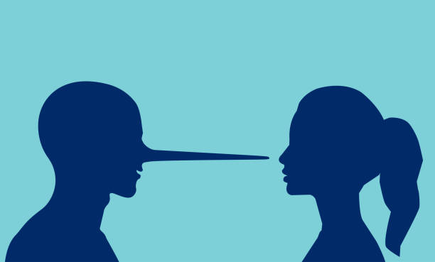 Vector of a woman looking at a lying man with a long nose. Lies in a relationship concept. Vector of a woman looking at a lying man with a long nose. impatient woman stock illustrations