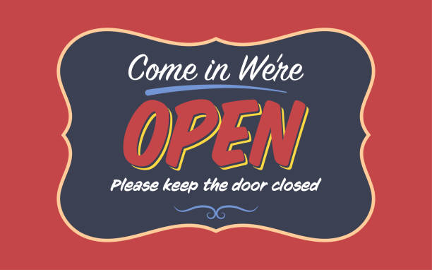 illustrations, cliparts, dessins animés et icônes de modèle de signe de boutique rétro «come in we are open» - come in were open