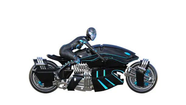 Biker girl with helmet riding a sci-fi bike, black futuristic motorcycle isolated on white background, side view, 3D rendering