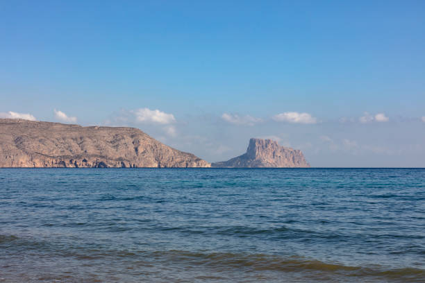 panoramic view of the mediterranean coast with the Ifach crag in the background. The sea has an intense blue color on a sunny day