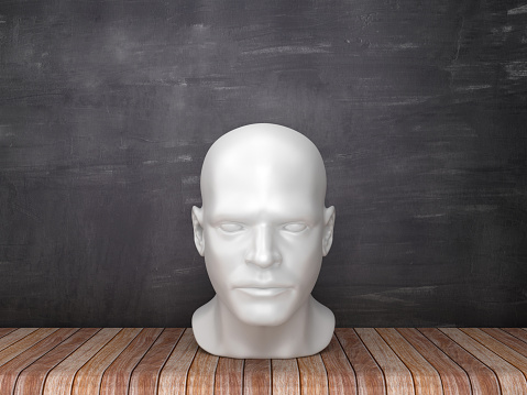 HUMAN HEAD on Wood Floor - Chalkboard Background - 3D Rendering
