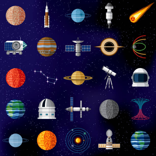 illustrazioni stock, clip art, cartoni animati e icone di tendenza di set di icone spazio esterno - mercury rocket