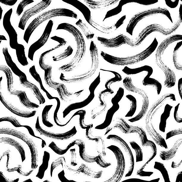 Curly waves hand drawn seamless pattern. Vector ornament for wrapping paper. Curly waves hand drawn seamless pattern. Ink brush grunge vector texture. Black wavy lines on white background. Paint brushstrokes freehand drawing. Abstract wrapping paper, textile monochrome design. brush stroke illustrations stock illustrations