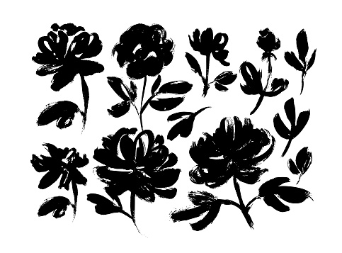 Spring flowers hand drawn vector set. Black ink brush textures. Grunge dry paint brushstrokes on white background. Roses, peonies, chrysanthemums isolated cliparts. Floral drawings collection.