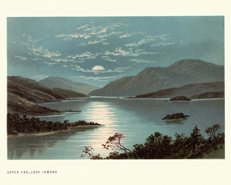 Vintage engraving of Scottish landscape, Upper end, Loch Lomond, Scotland, 19th Century