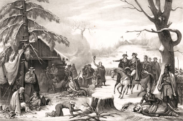George Washington and Lafayette at Valley Forge, 1777 George Washington and Lafayette on horseback visiting injured soldiers at Valley Forge during the American Revolution, 1777. george washington photos stock pictures, royalty-free photos & images