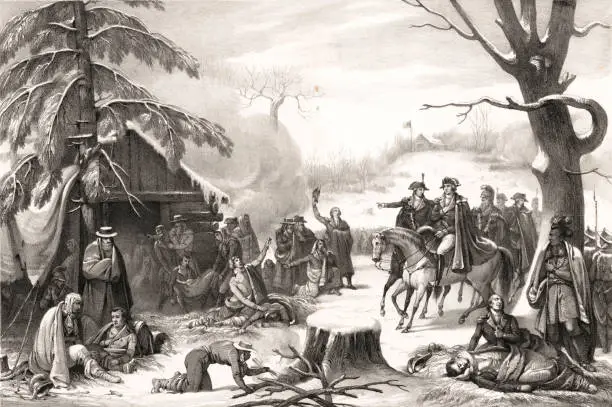 George Washington and Lafayette on horseback visiting injured soldiers at Valley Forge during the American Revolution, 1777.