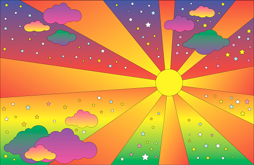 Retro hippie style psychedelic landscape with sun and clouds, stars. Vector cartoon bright gradient colors background.