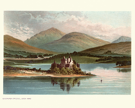 Vintage engraving of Scottish landscape, Kilchurn Castle, Scotland, 19th Century. A ruined structure on a rocky peninsula at the northeastern end of Loch Awe, in Argyll and Bute, Scotland. It was first constructed in the mid-15th century