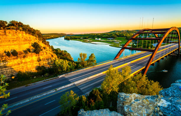 istock Pennybacker bridge or 360 Bridge sunset golden hour colors 1132835786