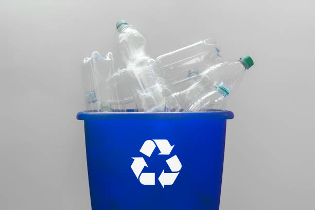 istock Plastic bottles in a blue recycling container box with recycling symbol 1132836673