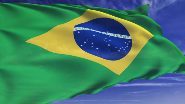 istock Brazilian flag with fabric structure against a cloudy sky 1132839029